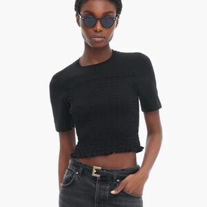 ATM MIXED MEDIA SHORT SLEEVE CREW NECK SMOCKED TOP